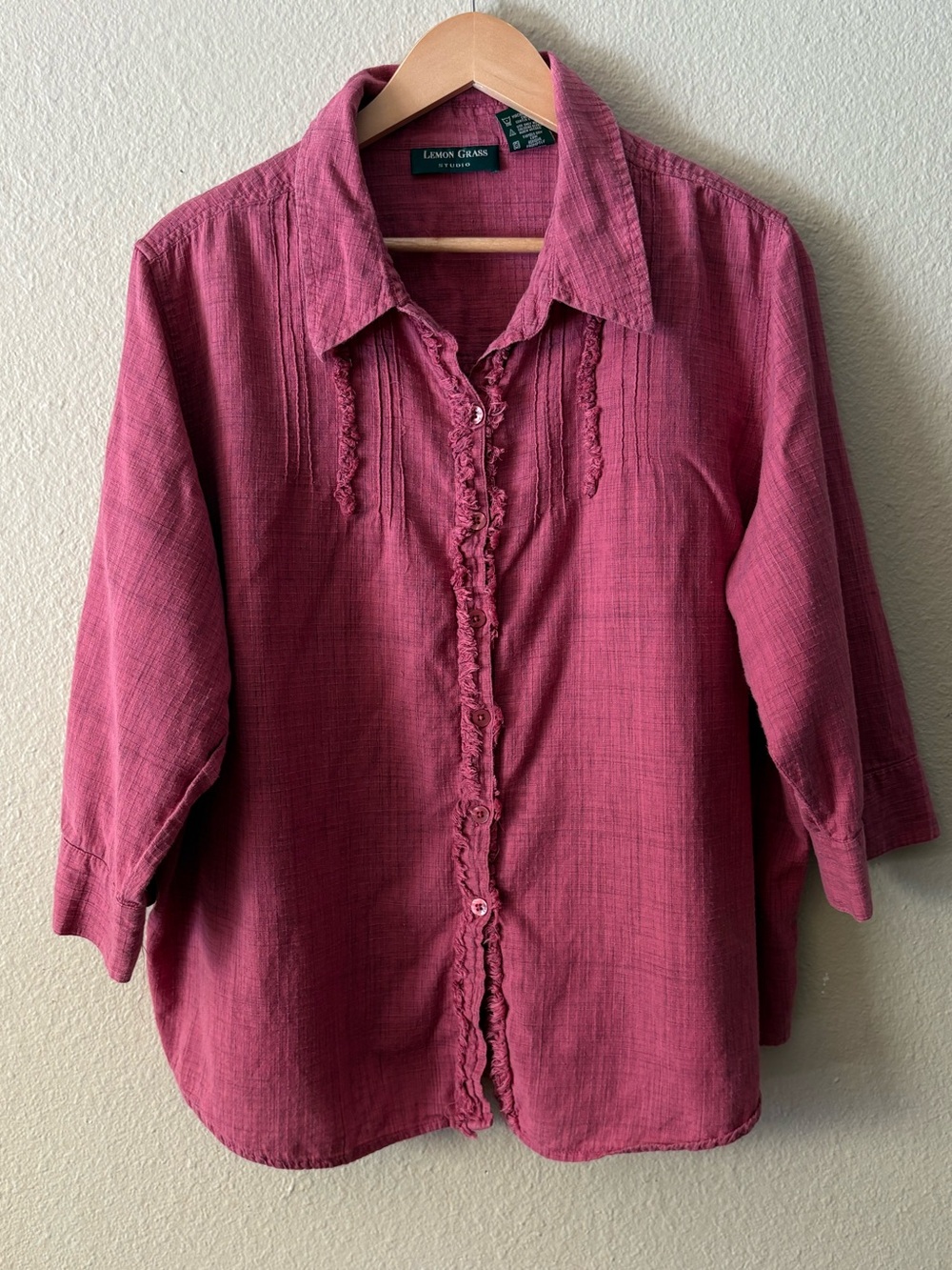 Lemon Grass 100% Cotton Ruffle Button Down Blouse 2X Dusty Rose Gauze